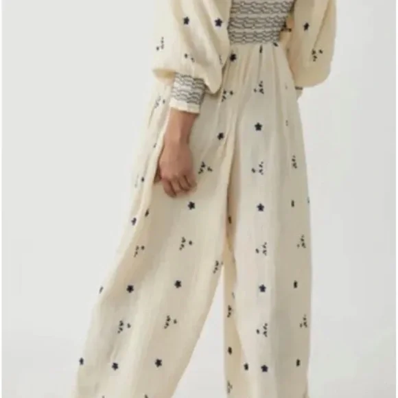 Free People Cream and Blue Jumpsuit with Wide-Leg Design - Picture 2 of 6